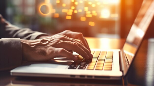 A person typing on a laptop with a blurred background