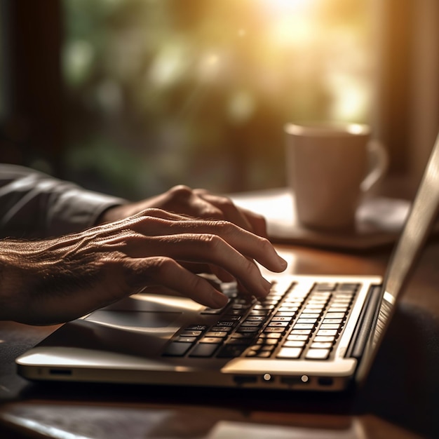 A person typing on a laptop with a cup of coffee in the background.