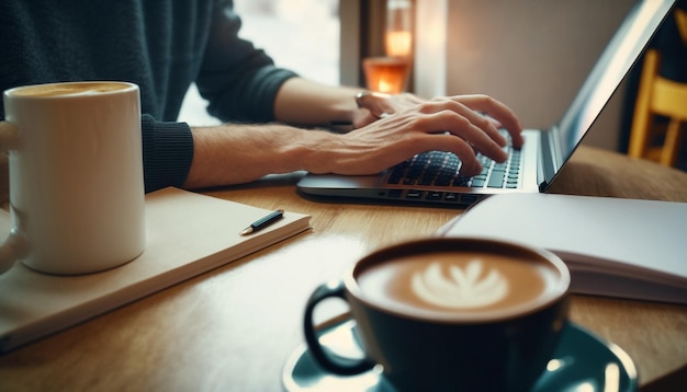 バックグラウンドでコーヒーを飲みながらラップトップで入力している人。