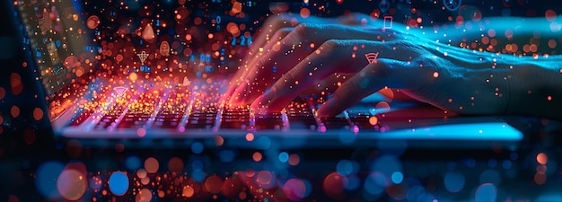 A person typing on an laptop with digital connections and data flowing from the keyboard symbolizing