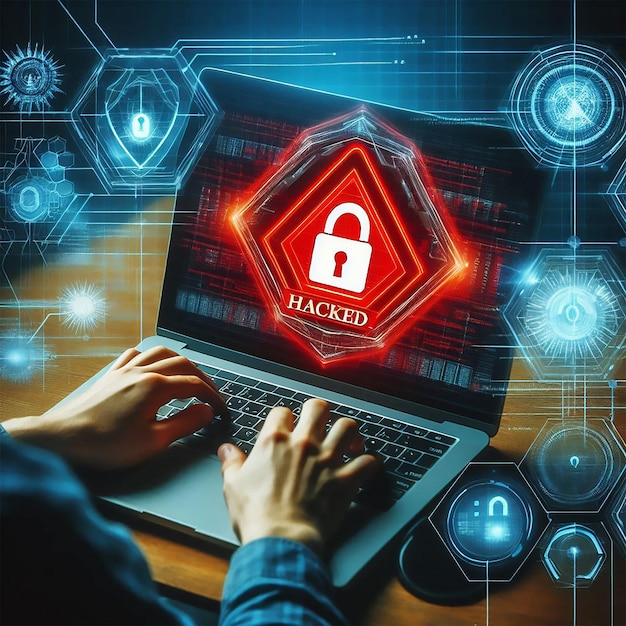 A person typing on a laptop with a lock lock logo on the screen, suggesting an almost comical level of security.