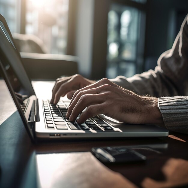 A person typing on a laptop with a phone next to it.