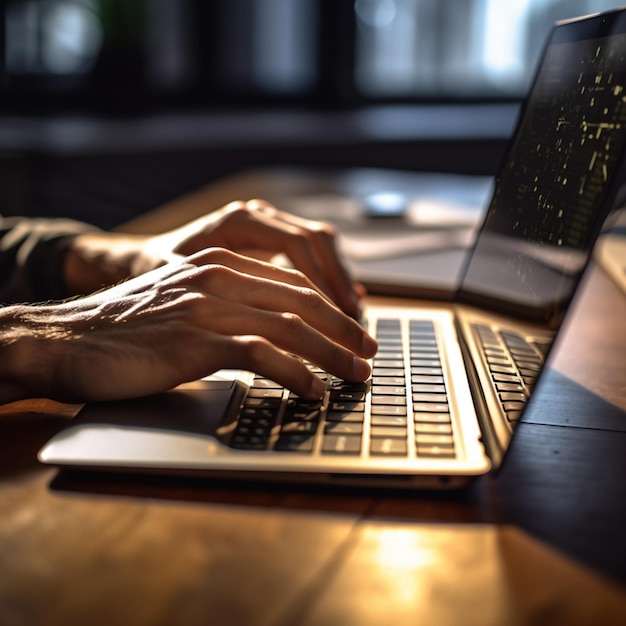 Premium AI Image | A person typing on a laptop with the screen open.