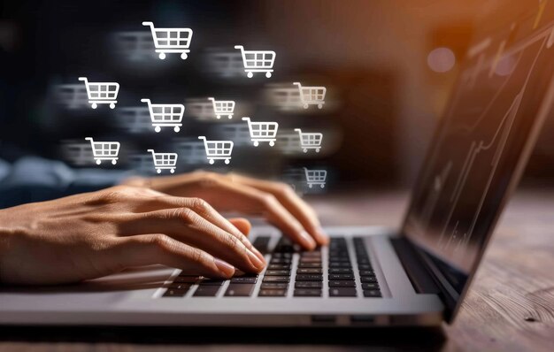 Photo a person typing on laptop with shopping cart icons