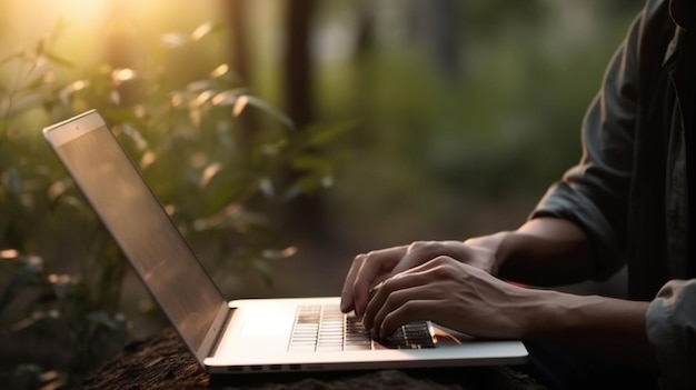 Photo a person typing on a laptop with the sun shining on the screen.