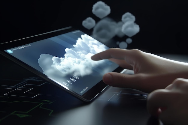 Foto persona che digita sul tablet visualizzando il concetto di cloud computing con la mano dell'uomo d'affari ai generativa