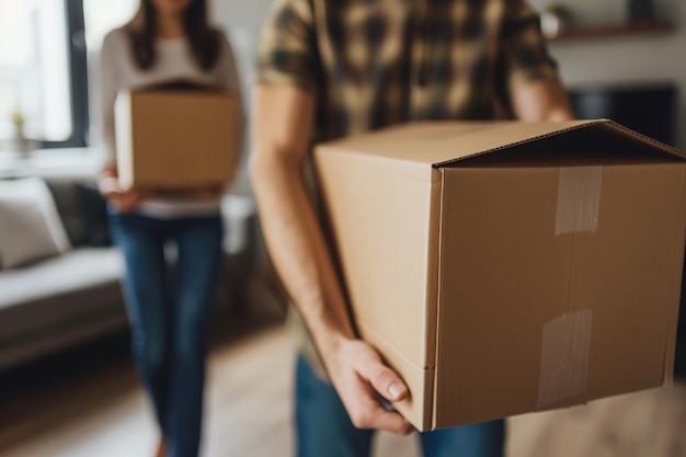 Person Unpacking Cardboard Boxes in New Apartment Moving Concept