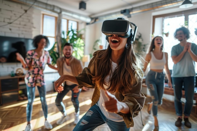 Человек использует очки VR на домашней вечеринке