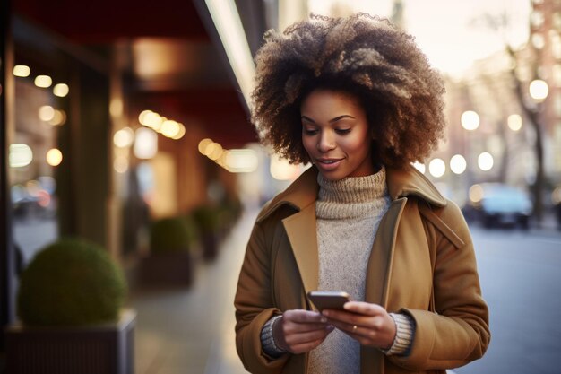 Photo person uses smartphone with afroafro hair style