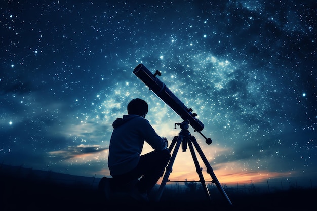 写真 望遠鏡を使って星座で満たされた夜空を探索する人