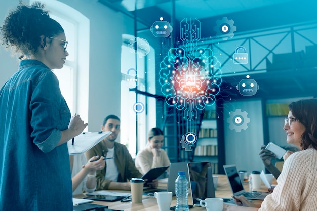 Foto persona che utilizza lo strumento ai al lavoro