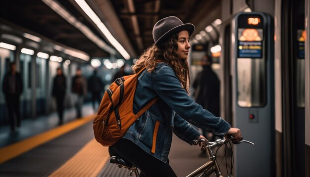 Photo a person using bike to work reducing their carbon footprint