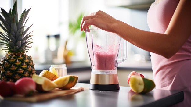 Photo person using a blender to make a smoothie with fresh fruits like pineapple and mango suggesting a focus on health and nutrition