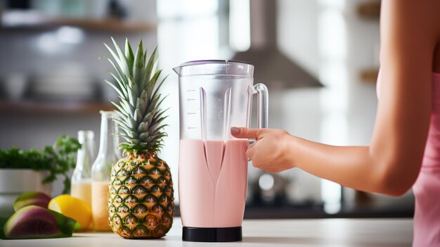 Photo person using a blender to make a smoothie with fresh fruits like pineapple and mango suggesting a focus on health and nutrition