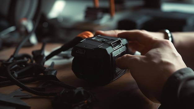 Photo a person using a camera with a camera on the top of it.