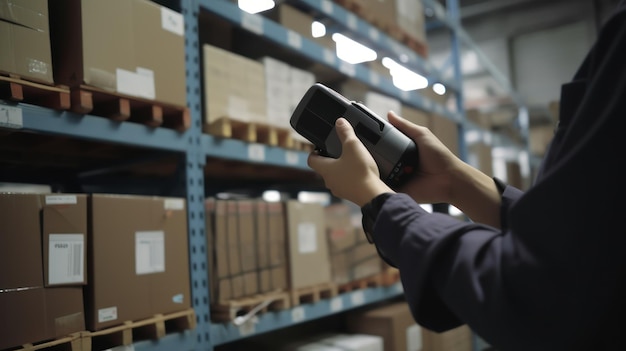 A person using a digital scanner to check boxes in a warehouse.