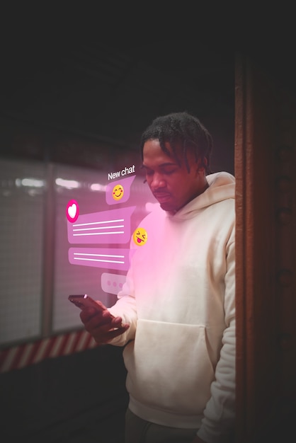 Person using electronic device with social network-related bubbles around them to celebrate social media day