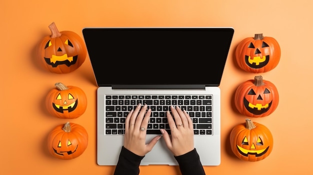 Photo person using a laptop computer with halloween pumpkins on orange background