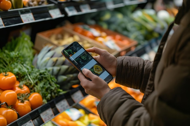 Person using a phone to scan a barcode of produce at a grocery store