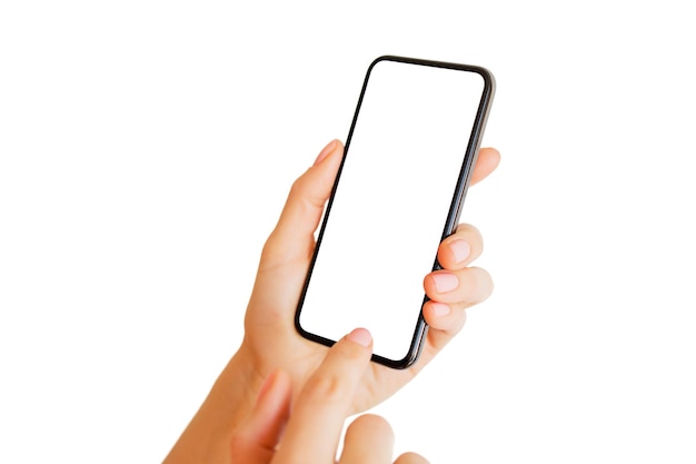 Person using phone with empty white screen Mobile app mockup