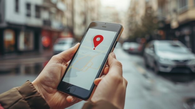 Photo a person using a pin location map app on a smartphone to find the nearest restaurant