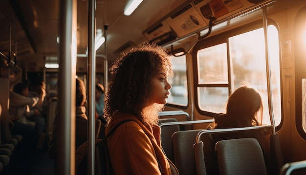 Photo a person using public transportation to work reducing their carbon footprint