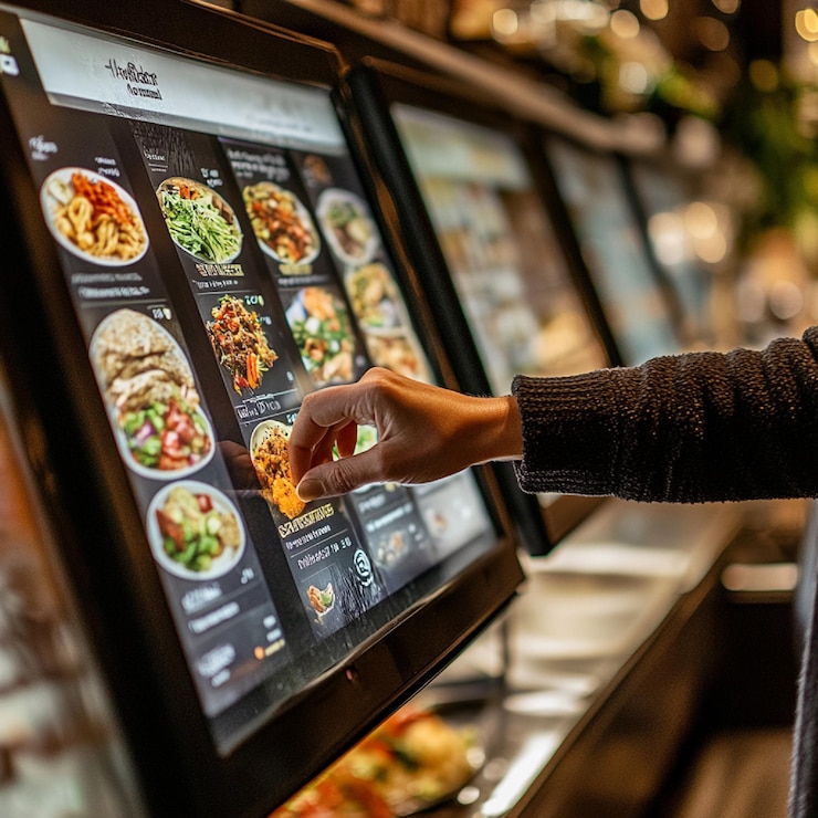 Photo a person using a selfservice menu screen at a fastcasual dining restaurant