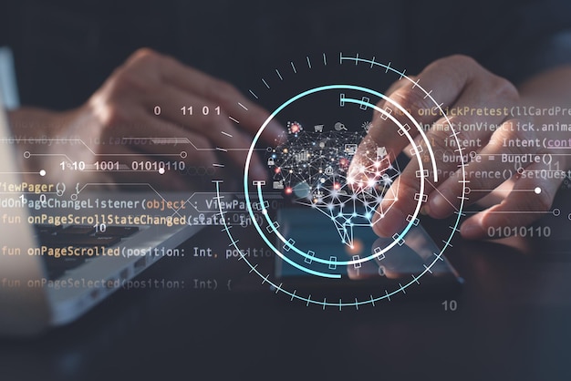 Foto persona che utilizza uno smartphone con cervello che rappresenta l'intelligenza artificiale ai