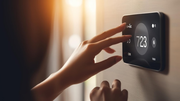 Photo a person using a smart thermostat with the time of 7 37 on the screen