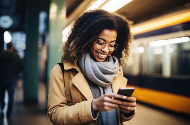 person using the smartphone at train station