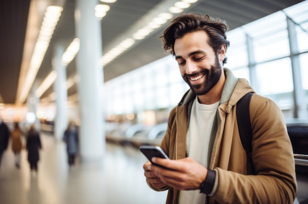 Photo person using the smartphone at train station