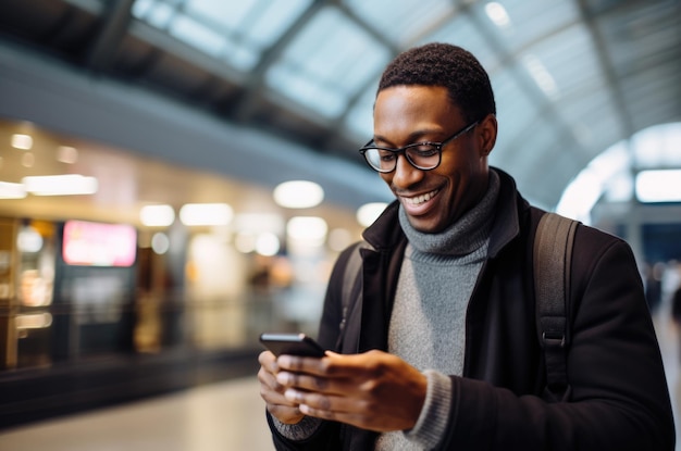 Photo person using the smartphone at train station