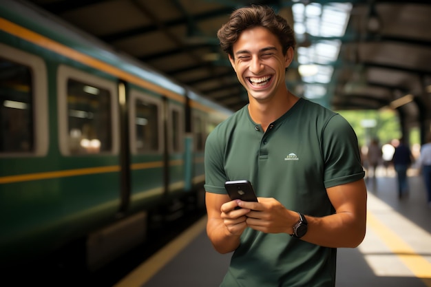 A person using smartphone in train station