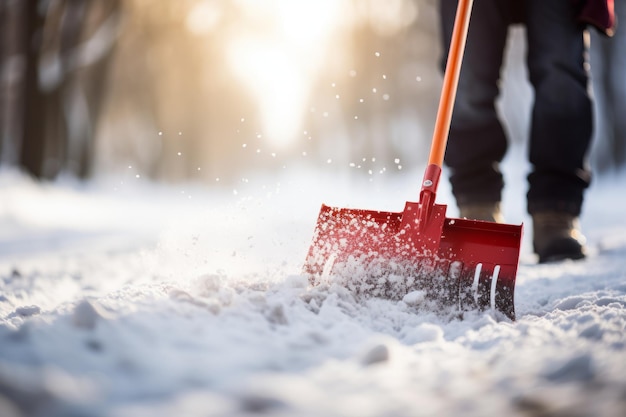 A person using a snow shovel to clear snow from a path after a winter storm