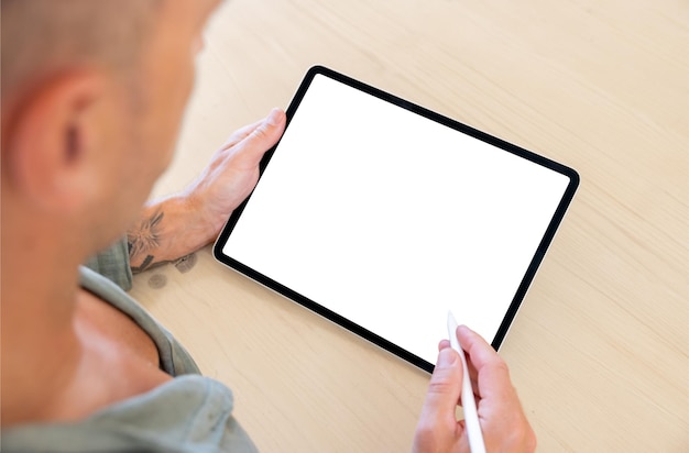 Person using stylus pen with tablet computer blank white screen\
mockup