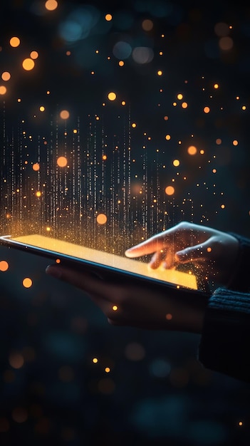 a person using a tablet with glowing code projected from the screen set against a dark background the scene showcases the integration of mobile technology and programming in the tech world