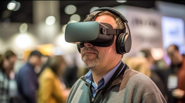 Person using virtual reality glasses at a technology fair