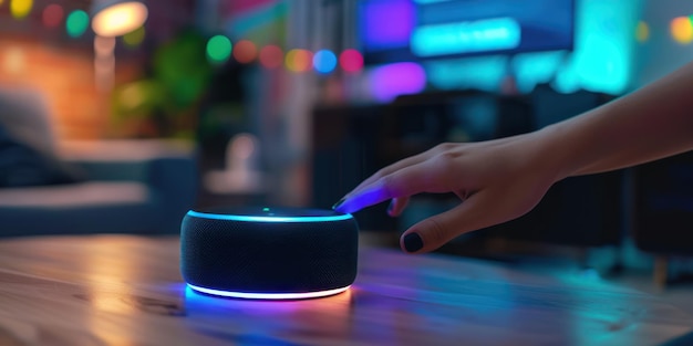 A person using voice commands with a smart speaker