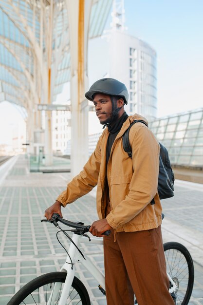 Photo person using zero emissions mean of transportation to go around in the city