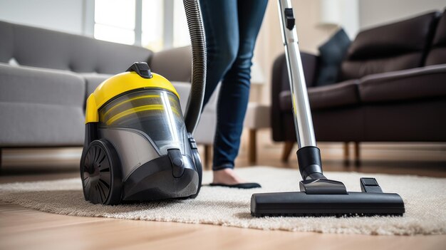 Person vacuuming the carpet at home with a modern vacuum cleaner