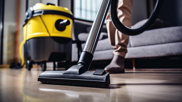 Photo person vacuuming the carpet at home with a modern vacuum cleaner