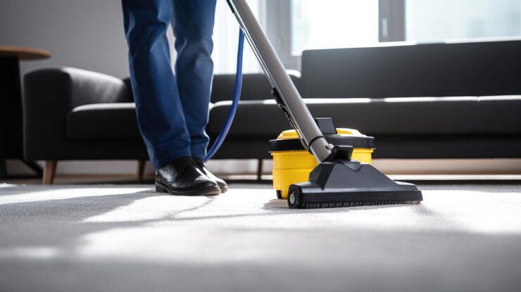 Photo person vacuuming the carpet at home with a modern vacuum cleaner