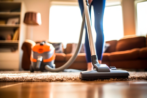A person vacuuming a carpet