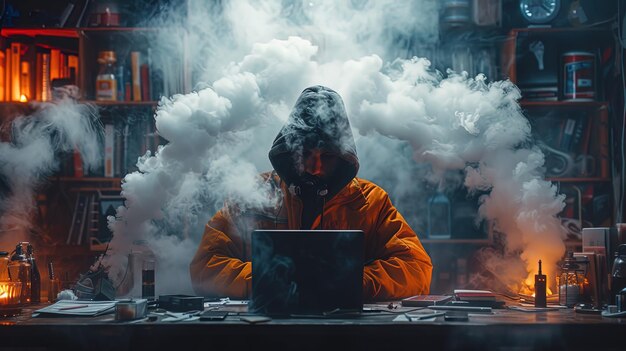 A person vaping while sitting at a desk with a laptop and other work materials spread out around