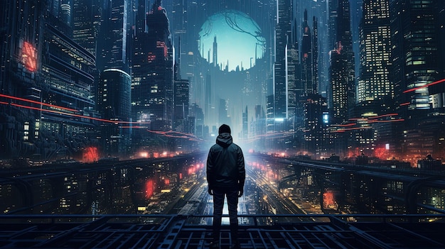 Person View from the Street of A Detailed Cyberpunk City with Many Lights