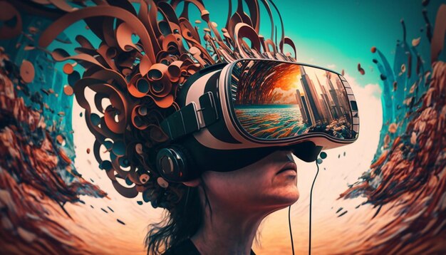 A person in a virtual reality helmet on a fantastic abstract background