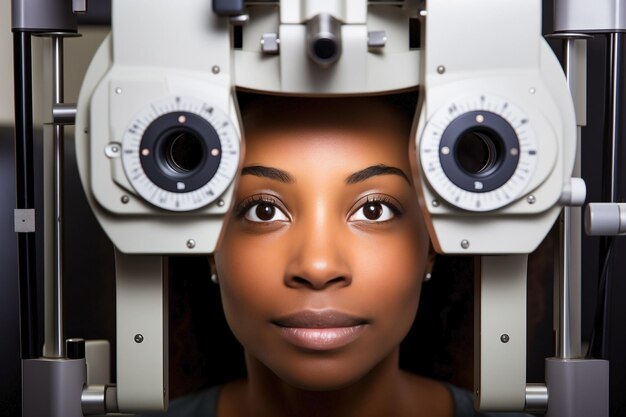 Photo person visiting the ophthalmologist for an eye exam using the phoropter machine