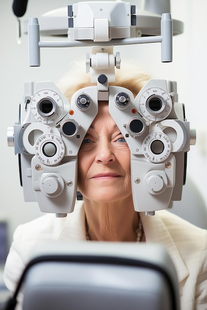 Photo person visiting the ophthalmologist for an eye exam using the phoropter machine