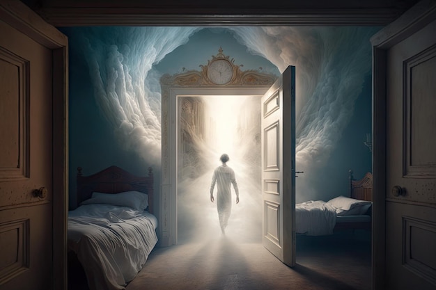 Person waking up in heavenly realm with doors to otherworldly realms behind them