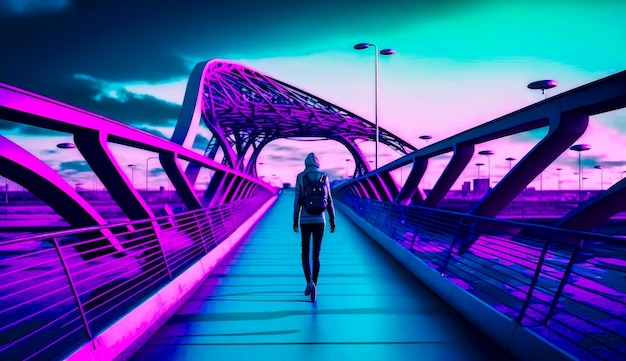 Person walking across bridge with pink and blue sky in the background generative ai